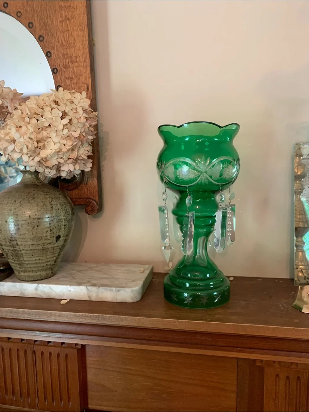 Antique Victorian Cut Glass Mantle Lustres with Prisms Stars